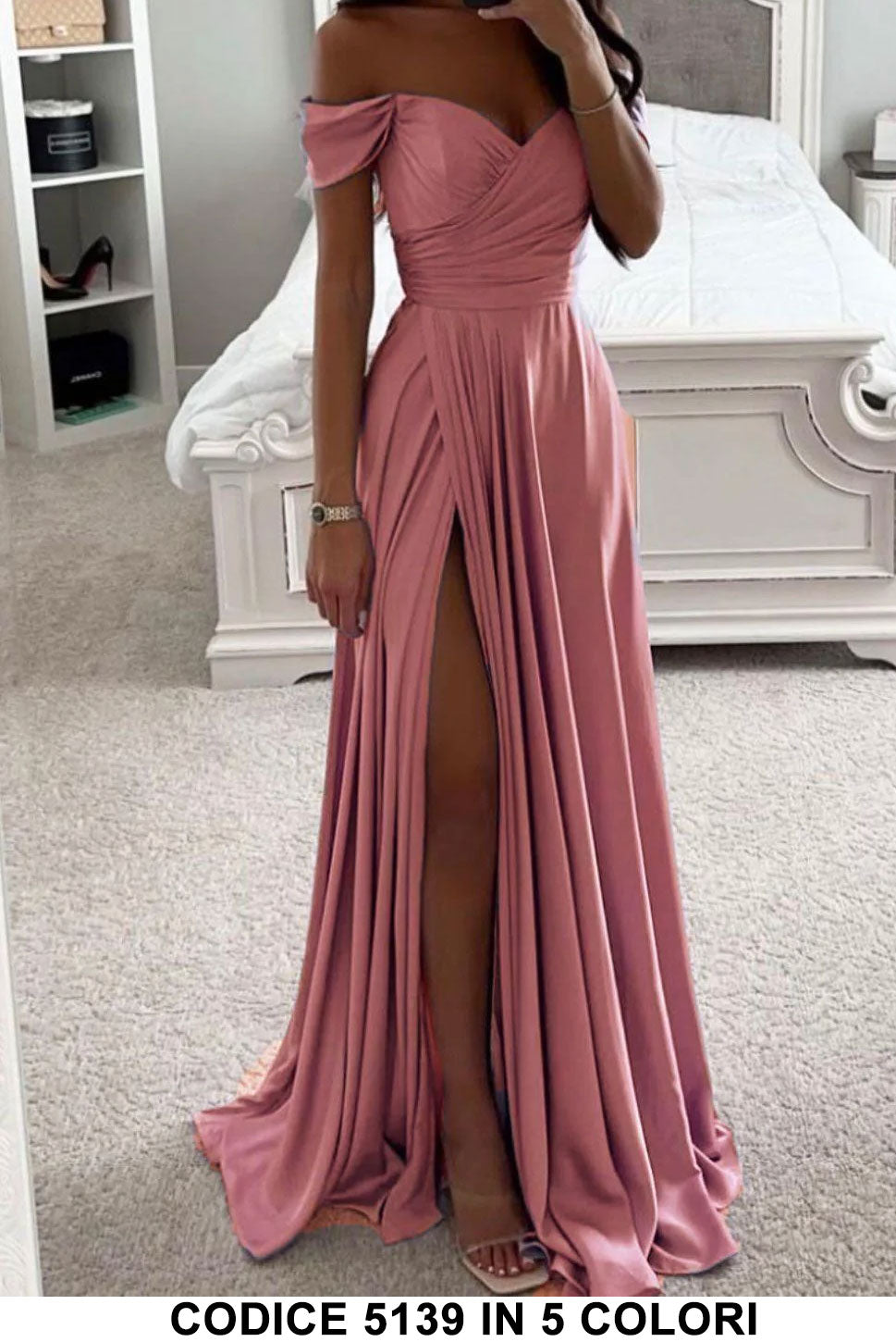 Abito Donna Lungo Scollo Cuore Spacco Alto Gonna Morbida Sensuale Vestito Elegante in 5 Colori - 5139