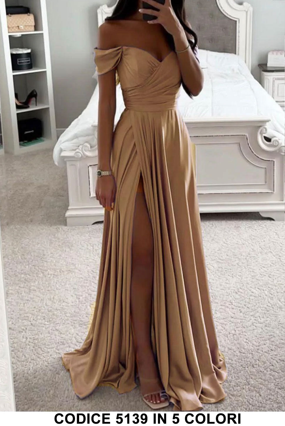 Abito Donna Lungo Scollo Cuore Spacco Alto Gonna Morbida Sensuale Vestito Elegante in 5 Colori - 5139