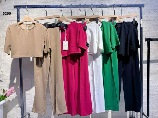 Completo Donna Pantalone Palazzo Cintura Maglia t-shirt corta Elegante Coordinato Casual in 5 Colori - 5290
