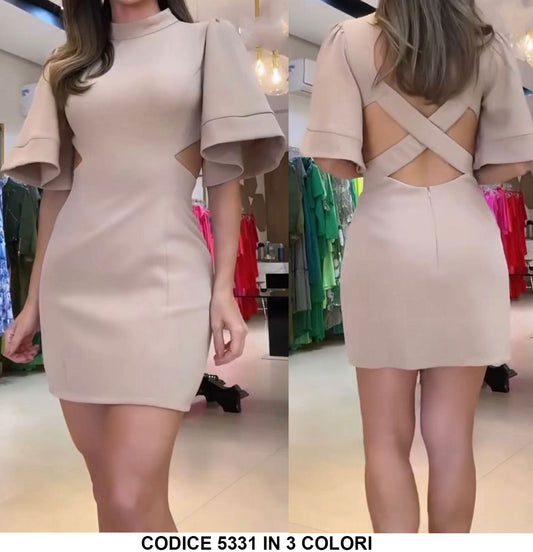 Abito Corto Tubino Mezza Manica Ampia Girocollo Vestito Estate In Beige - 5331Out