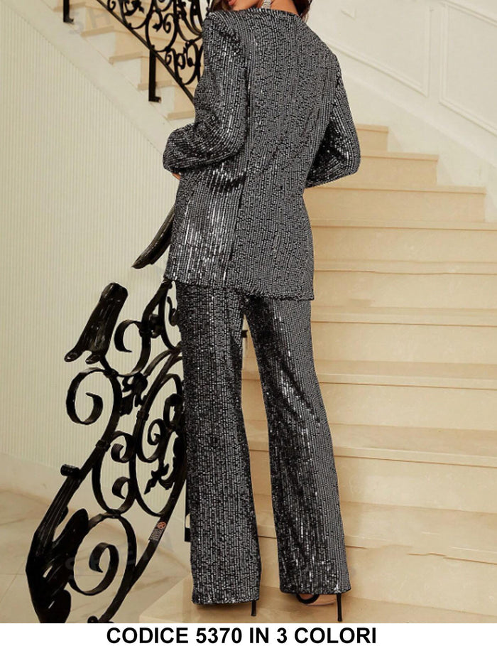 Tailleur Completo Giacca E Pantalone Interamente In Paillettes Casual Fashion Completo Coordinato In Nero - 5370