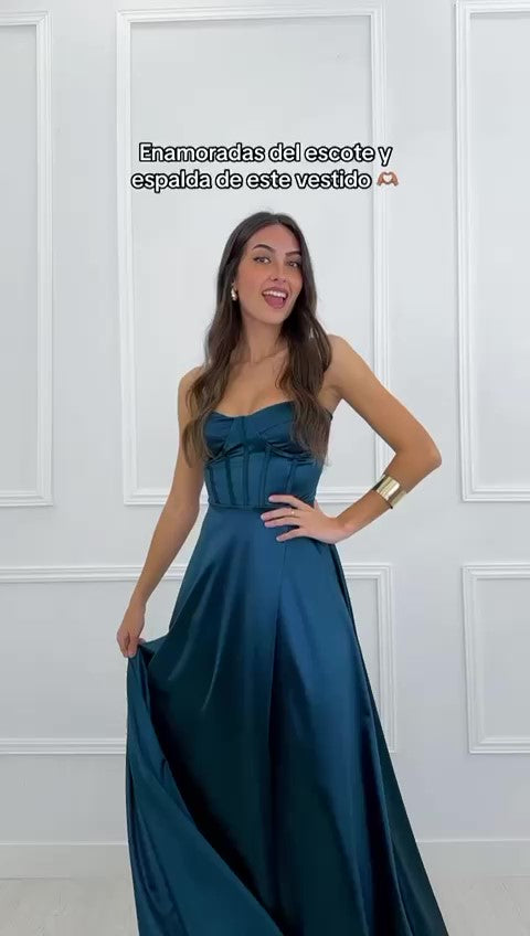 Abito Lungo Elegante da Cerimonia Spacco Centrale Bustino con Bretelle Vestito Evento in 12 Colori - 5373