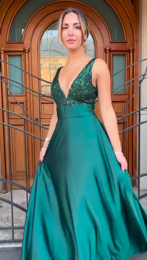 Abito Lungo Elegante Cerimonia Corpetto in Paillettes Gonna Ampia Vestito Evento in 8 Colori - 5411