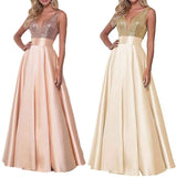 Abito Lungo Elegante Cerimonia Corpetto in Paillettes Gonna Ampia Vestito Evento in 8 Colori - 5411
