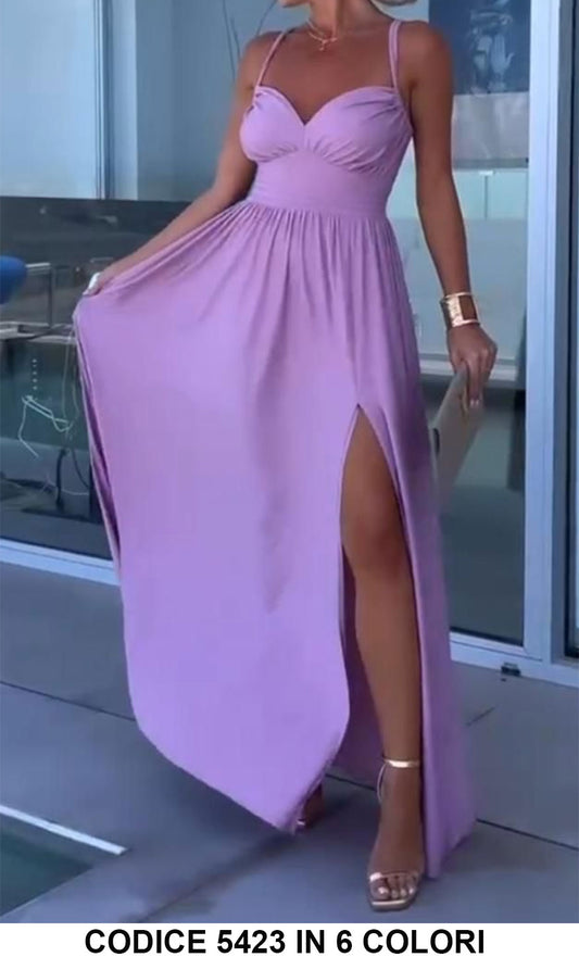 Abito Donna Lungo con Spacco Brillantinato Vestito Casual Elegante Scollo Cuore in Lilla - 5423Out