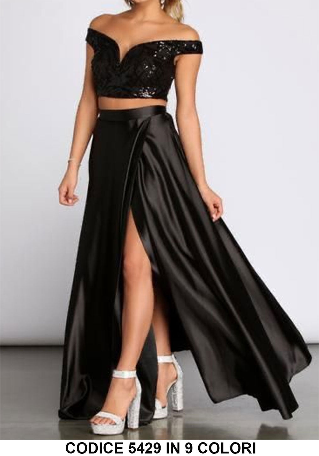Completo Top In Paillettes E Gonna Lunga Rasata Spacco Coordinato Elegante Estate In 2 Colori - 5429Out