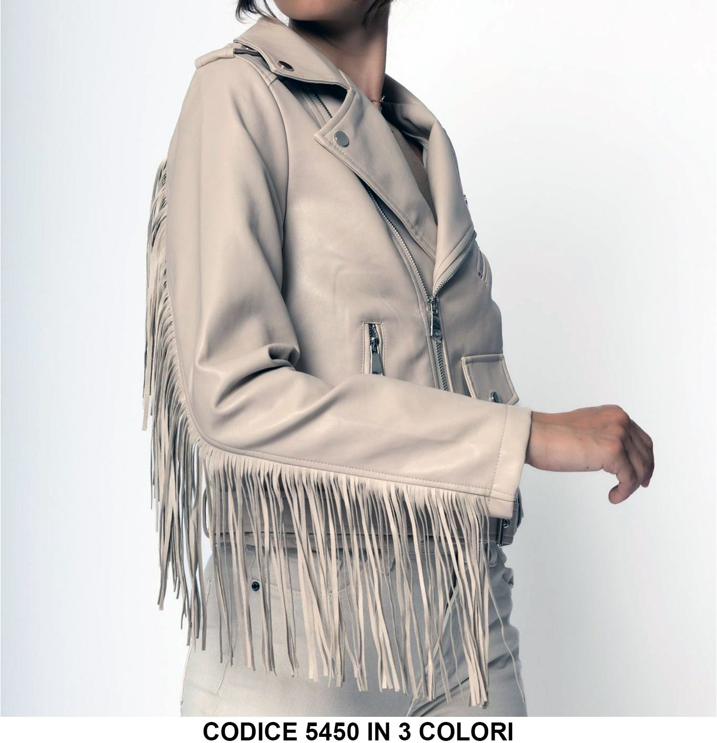 Giacca Donna Chiodo Eco Pelle Cerniera Manica Con Frange Casual Elegante In 2 Colori - 5450Out