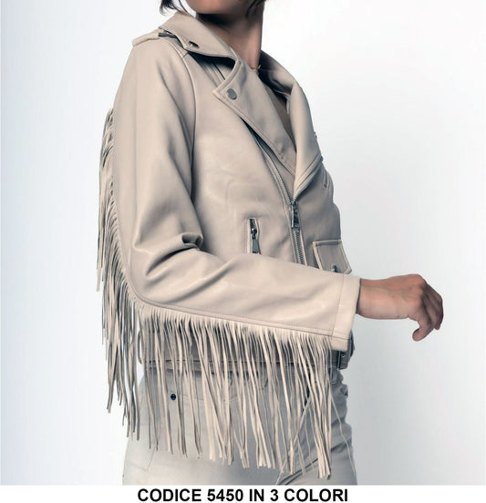 Giacca Donna Chiodo Eco Pelle Cerniera Manica Con Frange Casual Elegante In 2 Colori - 5450Out