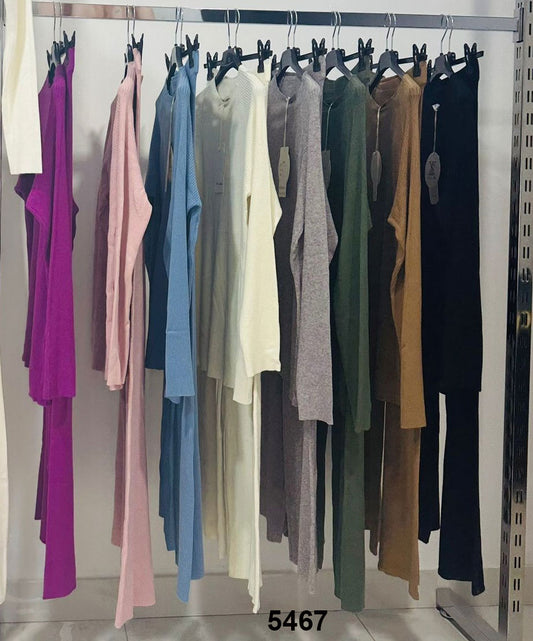 Completo Donna Maglia Costine E Pantalone Zampa Comodo Casual Coordinato In Grigio Scuro - 5467Out