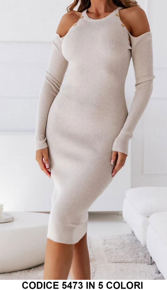 Abito Lungo Midi A Costine Spalline Scese Tubino Bottoni Vestito Casual Sensuale In Bianco - 5473Out