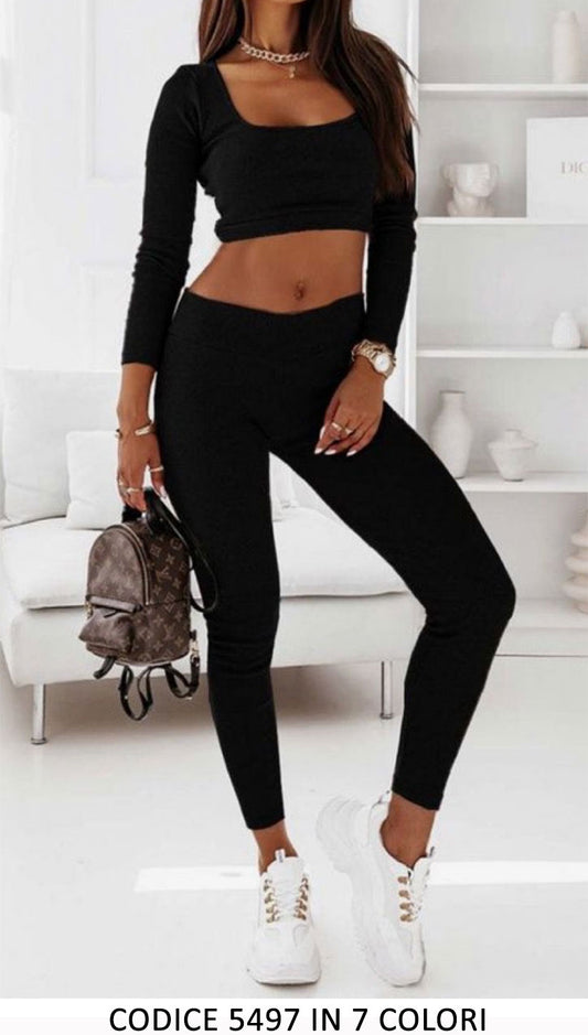 Completo Maglia Corta Manica Lunga E Pantalone Tessuto Morbido Elastico Coordinato In Nero - 5497Out