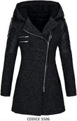 Cappotto Nero Donna Maniche Eco Pelle Rombi Zip Asimmetrica Giacca Lunga Casual Elegante - 5506Out