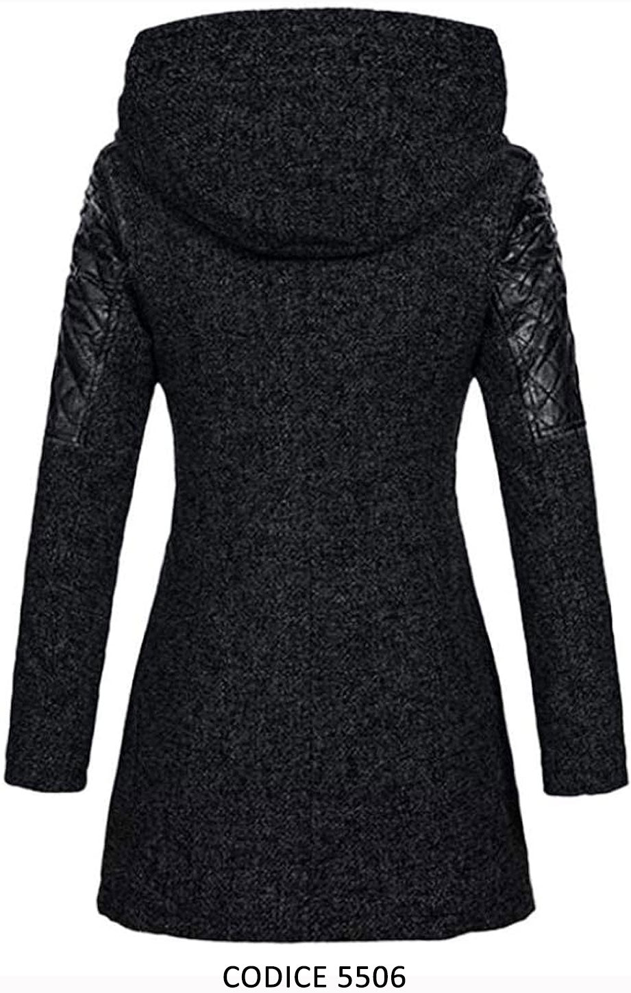 Cappotto Nero Donna Maniche Eco Pelle Rombi Zip Asimmetrica Giacca Lunga Casual Elegante - 5506Out