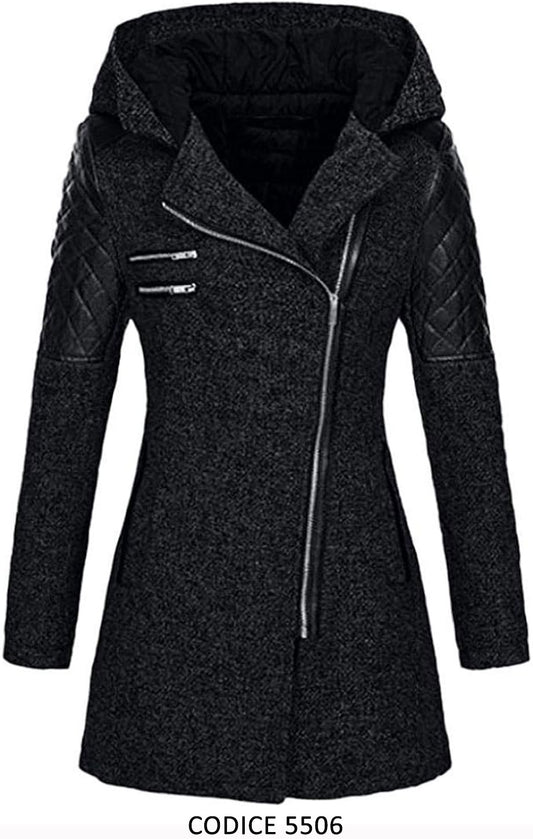 Cappotto Nero Donna Maniche Eco Pelle Rombi Zip Asimmetrica Giacca Lunga Casual Elegante - 5506Out