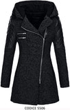 Cappotto Nero Donna Maniche Eco Pelle Rombi Zip Asimmetrica Giacca Lunga Casual Elegante - 5506Out