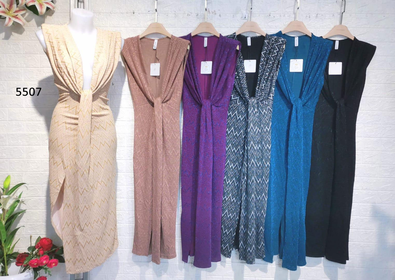 Abito Lungo Longuette Elegante Trama Rombi Spacco Vestito Cerimonia Cintura In Cammello - 5507Out