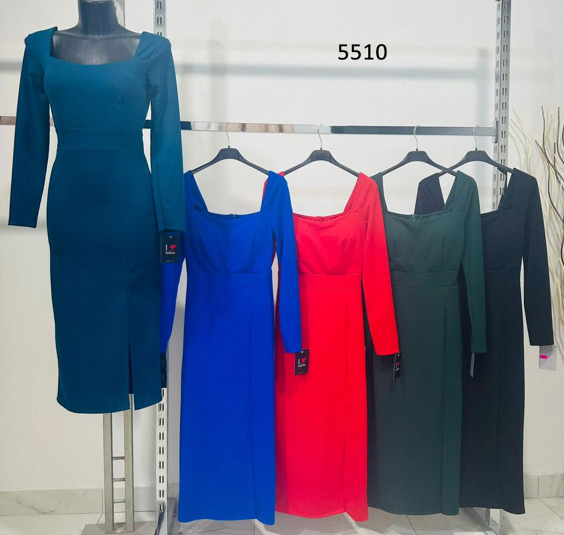 Abito Lungo Midi Tubino Manica Lunga Scollo Cuore Vestito Elegante Cerimonia in 5 Colori - 5510