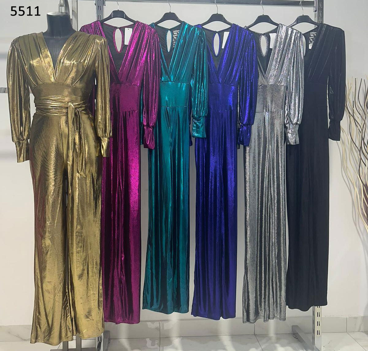 Tuta Jumpsuit Cocktail Metallizzata Effetto Lucido con Cintura Scollo V Elegante in 6 Colori - 5511