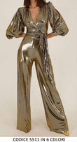 Tuta Jumpsuit Cocktail Metallizzata Effetto Lucido con Cintura Scollo V Elegante in 6 Colori - 5511