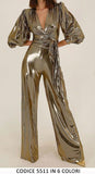 Tuta Jumpsuit Cocktail Metallizzata Effetto Lucido con Cintura Scollo V Elegante in 6 Colori - 5511