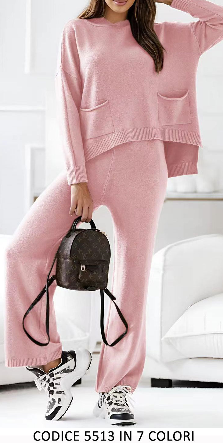 Tuta Sportiva Coordinato Felpa con Cappuccio e Tasche Pantalone Largo Completo Casual in 7 Colori - 5513
