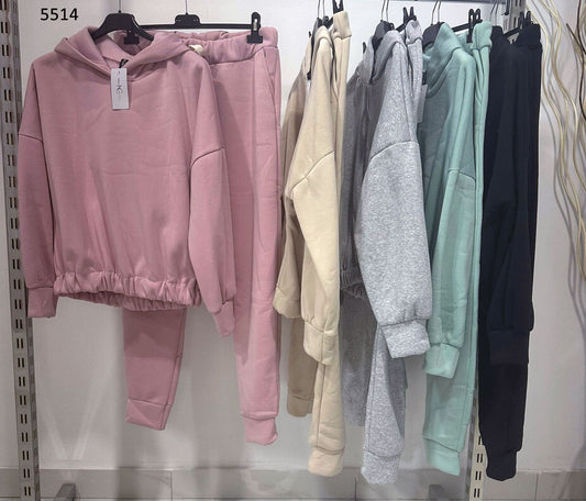 Tuta Sportiva Felpata Calda Casual Felpa Cappuccio Pantalone Elastico Completo Coordinato in 5 Colori - 5514