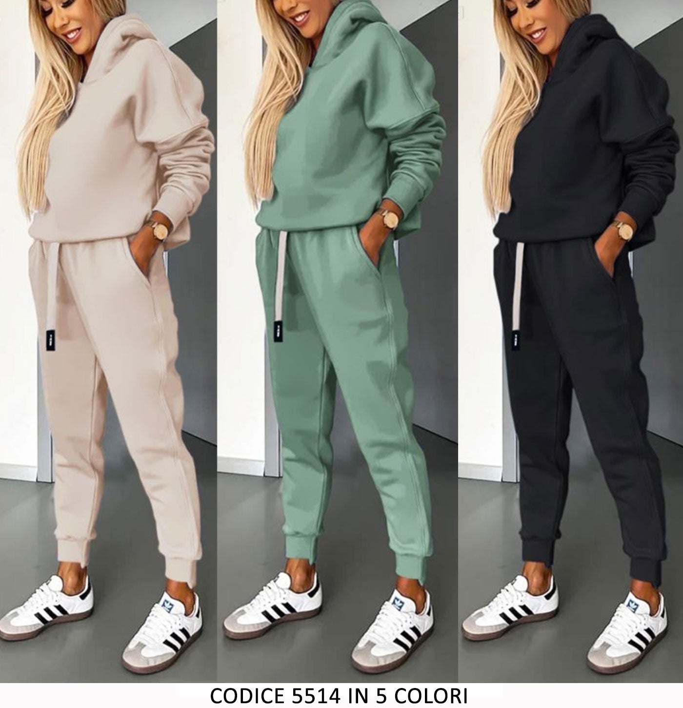 Tuta Sportiva Felpata Calda Casual Felpa Cappuccio Pantalone Elastico Completo Coordinato in 5 Colori - 5514