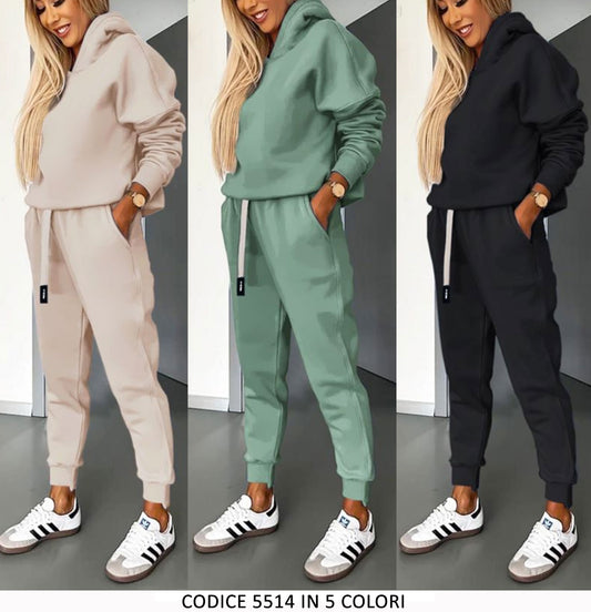 Tuta Sportiva Felpata Calda Casual Felpa Cappuccio Pantalone Elastico Completo Coordinato in 5 Colori - 5514