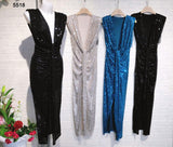 Abito Lungo Nodo in Vita Scollo V Profondo Interamente in Paillettes Vestito Elegante Cerimonia in 3 Colori - 5518