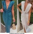 Abito Lungo Nodo in Vita Scollo V Profondo Interamente in Paillettes Vestito Elegante Cerimonia in 3 Colori - 5518