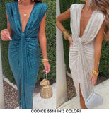 Abito Lungo Nodo in Vita Scollo V Profondo Interamente in Paillettes Vestito Elegante Cerimonia in 3 Colori - 5518