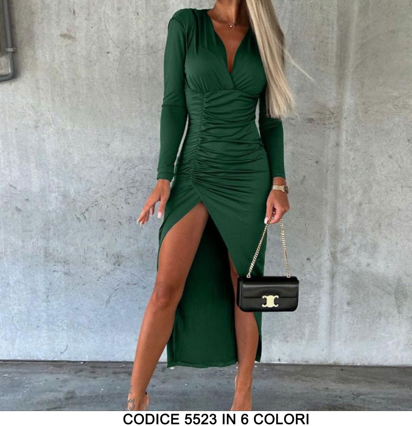 Abito Donna Lungo Drappeggiato Scollo V Spacco Alto Vestito Sensuale Elegante in 6 Colori - 5523