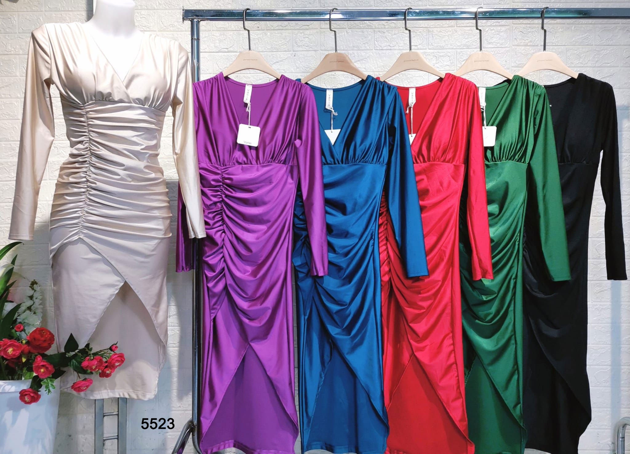 Abito Donna Lungo Drappeggiato Scollo V Spacco Alto Vestito Sensuale Elegante in 6 Colori - 5523