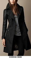 Cappotto Trench Lungo Nero Donna Bottoni Colletto con Maniche in eco Pelle Casual Chic Giubbotto - 5530