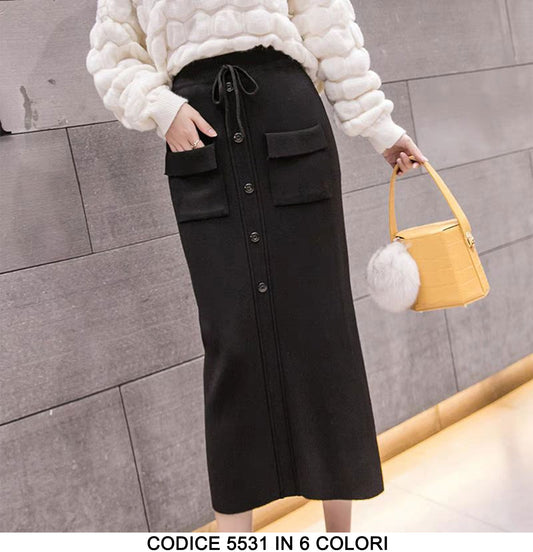 Gonna Lunga Tubino in Tessuto morbido con Bottoni e Tasche Casual Fashion in 6 Colori - 5531