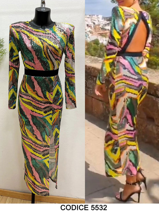Abito Lungo Cerimonia Elegante interamente in Paillettes Multicolore Spalla Scoperta Vestito Chic - 5532