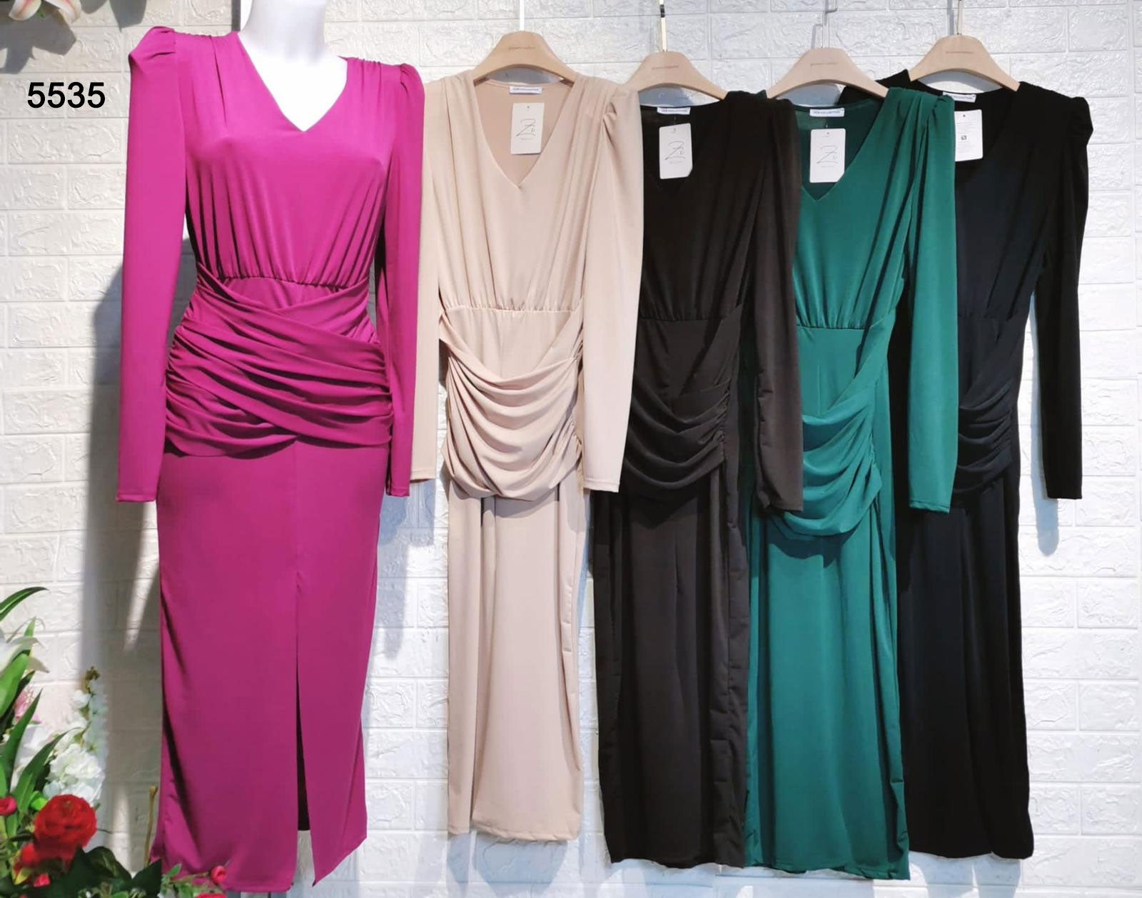 Abito Lungo Elegante Scollo V Spacco Fascia Centrale Incrocio Vestito Cerimonia in 5 Colori - 5535
