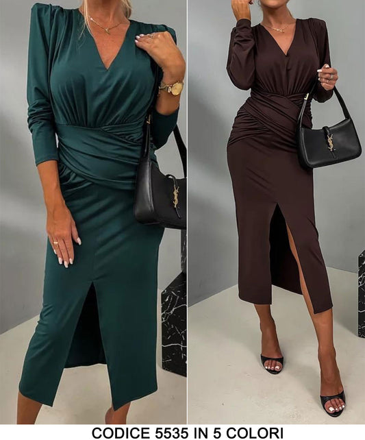 Abito Lungo Elegante Scollo V Spacco Fascia Centrale Incrocio Vestito Cerimonia In Verde - 5535Out
