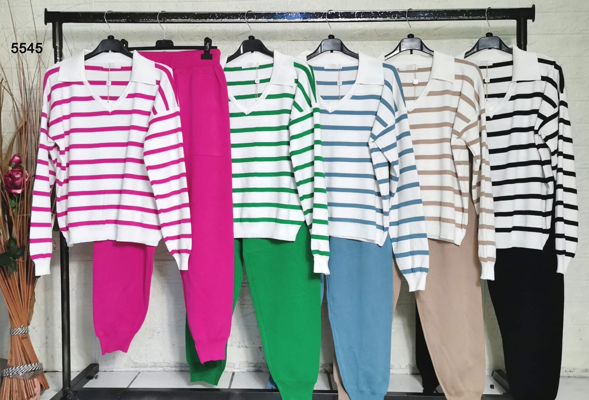 Completo Coordinato a Righe Tuta Sportiva Casual Maglia con Colletto e Pantalone Elastico in 5 Colori - 5545