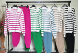 Completo Coordinato a Righe Tuta Sportiva Casual Maglia con Colletto e Pantalone Elastico in 5 Colori - 5545