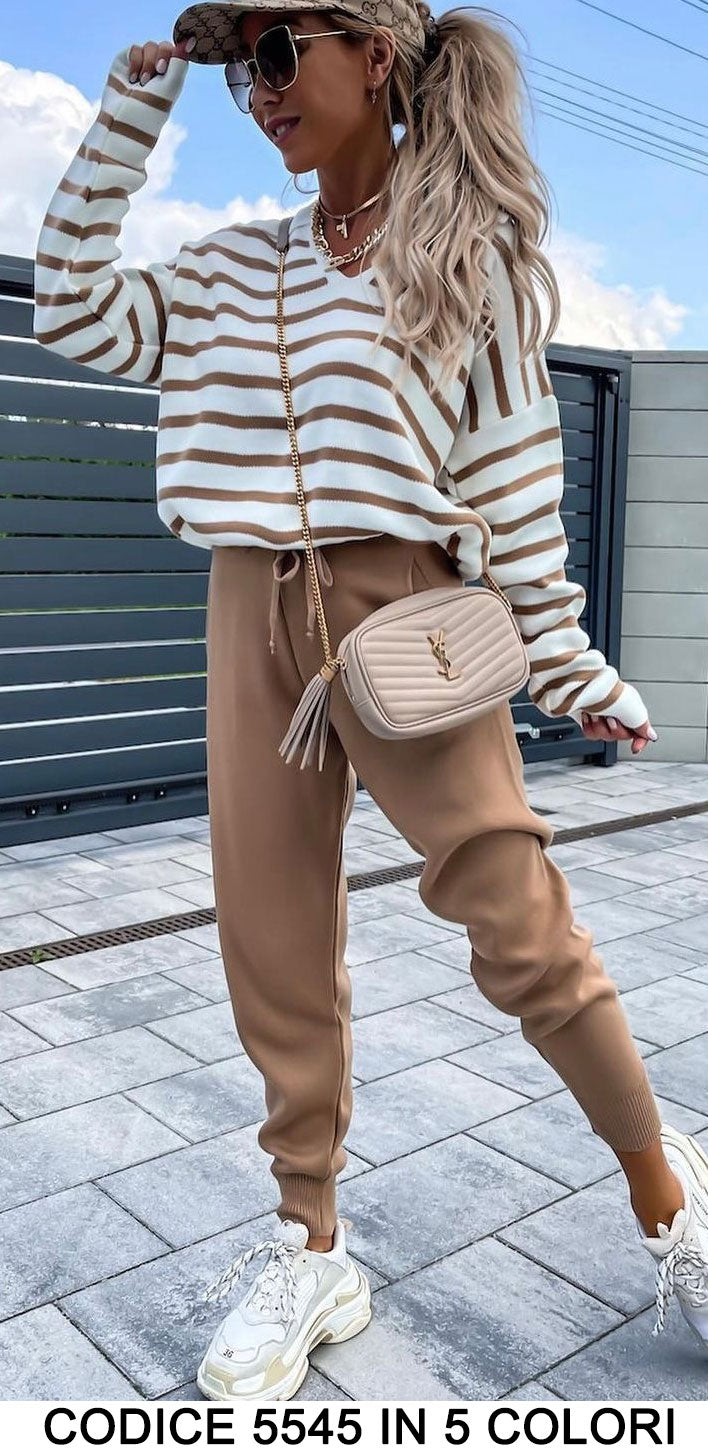 Completo Coordinato a Righe Tuta Sportiva Casual Maglia con Colletto e Pantalone Elastico in 5 Colori - 5545