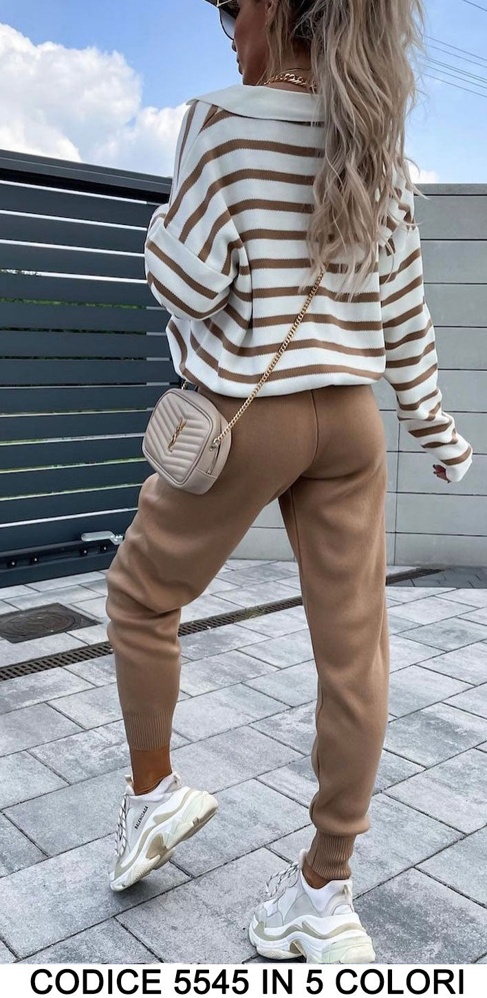 Completo Coordinato a Righe Tuta Sportiva Casual Maglia con Colletto e Pantalone Elastico in 5 Colori - 5545