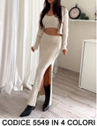 Completo Coordinato 3 Pezzi Maglia Manica Lunga Top Gonna con Spacco in 4 Colori - 5549