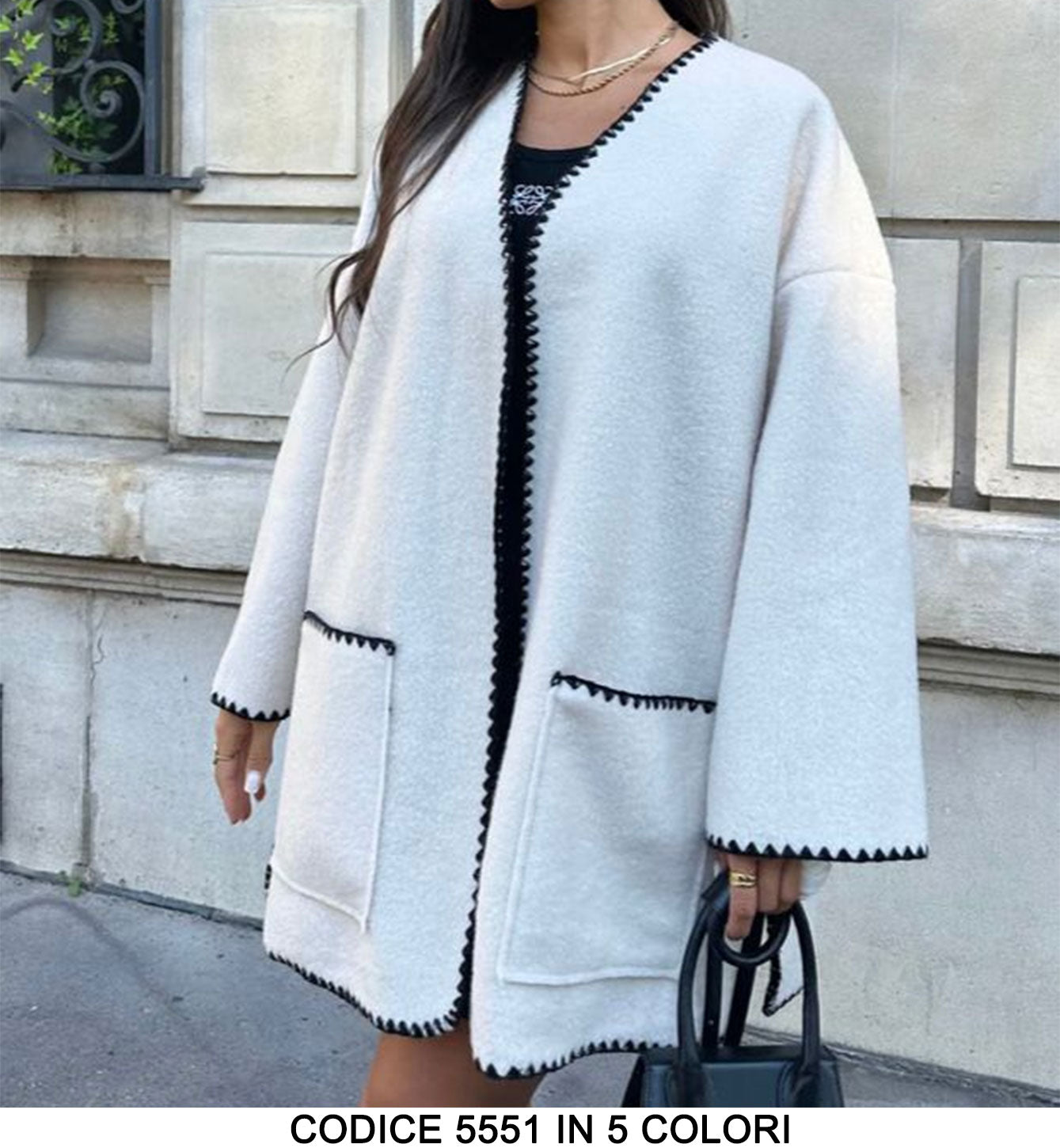 Giacca Donna Elegante Soprabito Particolari Bicolore Cardigan Lungo Tessuto Peluche in 5 Colori - 5551