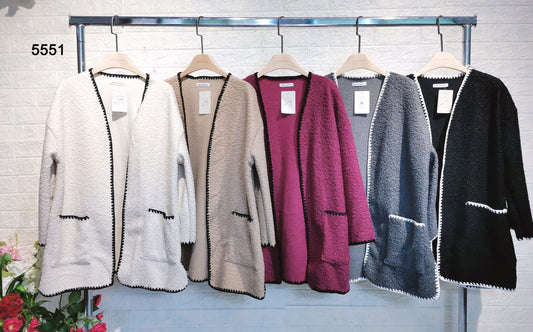 Giacca Donna Elegante Soprabito Particolari Bicolore Cardigan Lungo Tessuto Peluche in 5 Colori - 5551