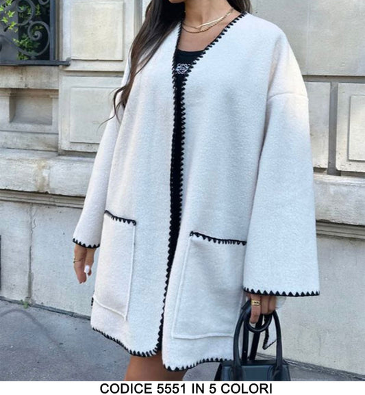 Giacca Donna Elegante Soprabito Particolari Bicolore Cardigan Lungo Tessuto Peluche in 5 Colori - 5551