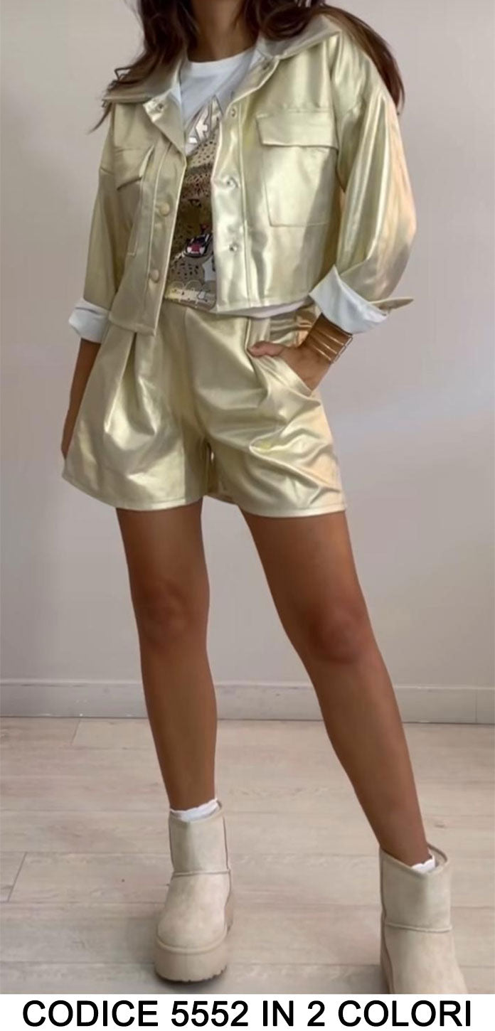 Completo Fashion Effetto Metallizzato Giacca Bottoni Pantaloncino Shorts da Serata in 2 Colori - 5552