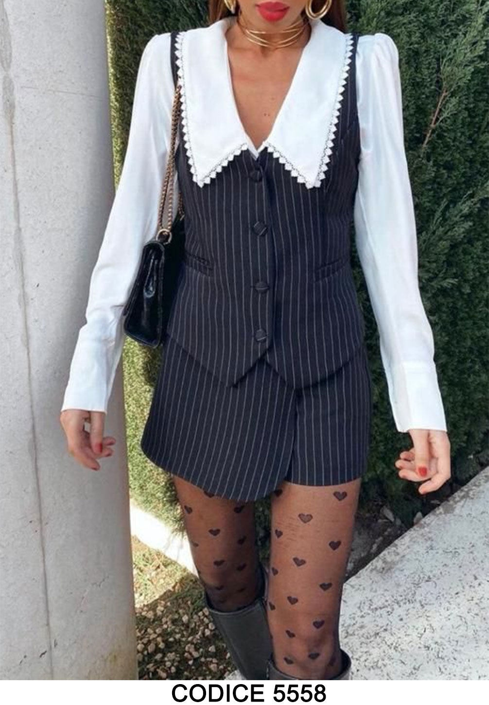 Completo Donna 3 Pezzi Gilet Gonna Effetto Gessato Nero Camicia Bianca Merletto Elegante Coordinato - 5558