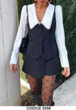 Completo Donna 3 Pezzi Gilet Gonna Effetto Gessato Nero Camicia Bianca Merletto Elegante Coordinato - 5558