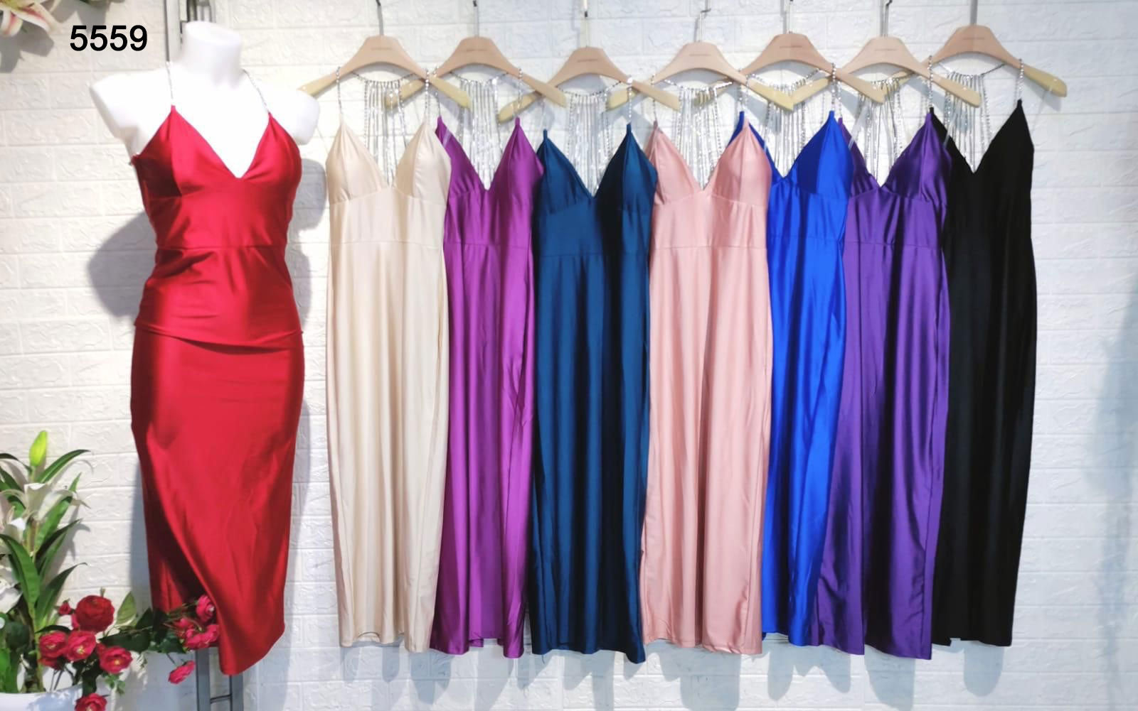 Abito Lungo Cerimonia Vestito Elegante con Collana Gioiello sulla Schiena Spacco in 8 Colori - 5559